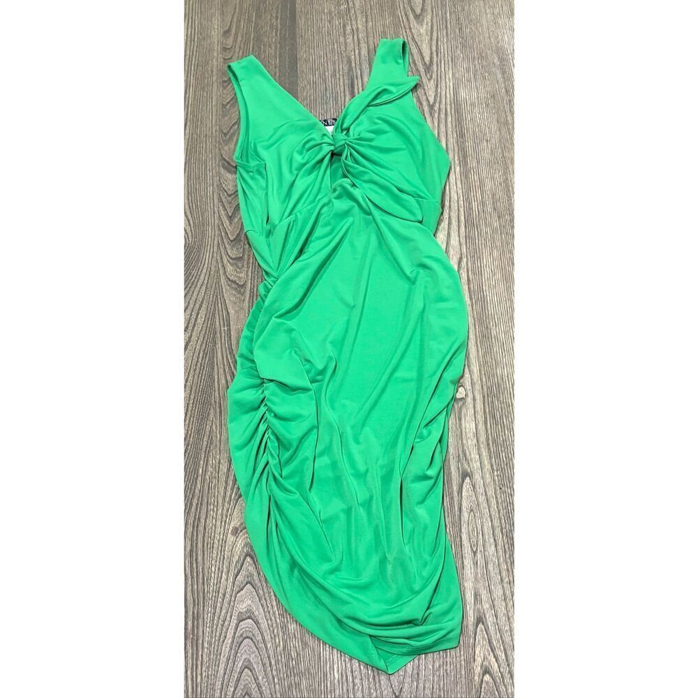 Venus Ruched Bodycon Midi Dress Sleeveless Tie Front V-Neck Stretch Green Size M